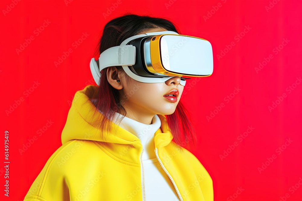beautiful asian woman wearing virtual reality goggles.Generative Ai beautiful asian woman wearing virtual reality goggles.Generative Ai