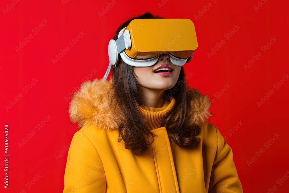 beautiful asian woman wearing virtual reality goggles.Generative Ai beautiful asian woman wearing virtual reality goggles.Generative Ai