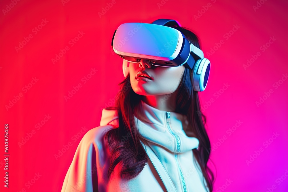 beautiful asian woman wearing virtual reality goggles.Generative Ai beautiful asian woman wearing virtual reality goggles.Generative Ai