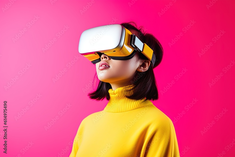 beautiful asian woman wearing virtual reality goggles.Generative Ai beautiful asian woman wearing virtual reality goggles.Generative Ai
