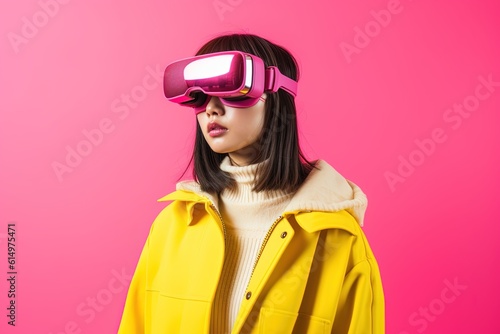 beautiful asian woman wearing virtual reality goggles.Generative Ai © Rudsaphon