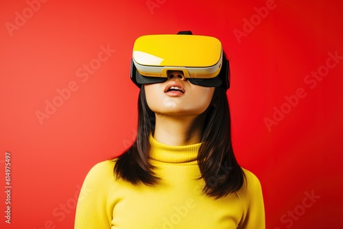 beautiful asian woman wearing virtual reality goggles.Generative Ai © Rudsaphon