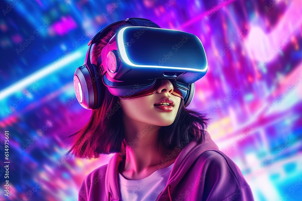 beautiful asian woman wearing virtual reality goggles.Generative Ai beautiful asian woman wearing virtual reality goggles.Generative Ai