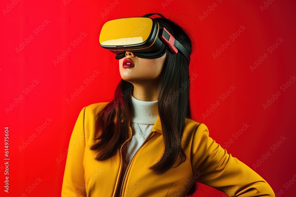 beautiful asian woman wearing virtual reality goggles.Generative Ai beautiful asian woman wearing virtual reality goggles.Generative Ai