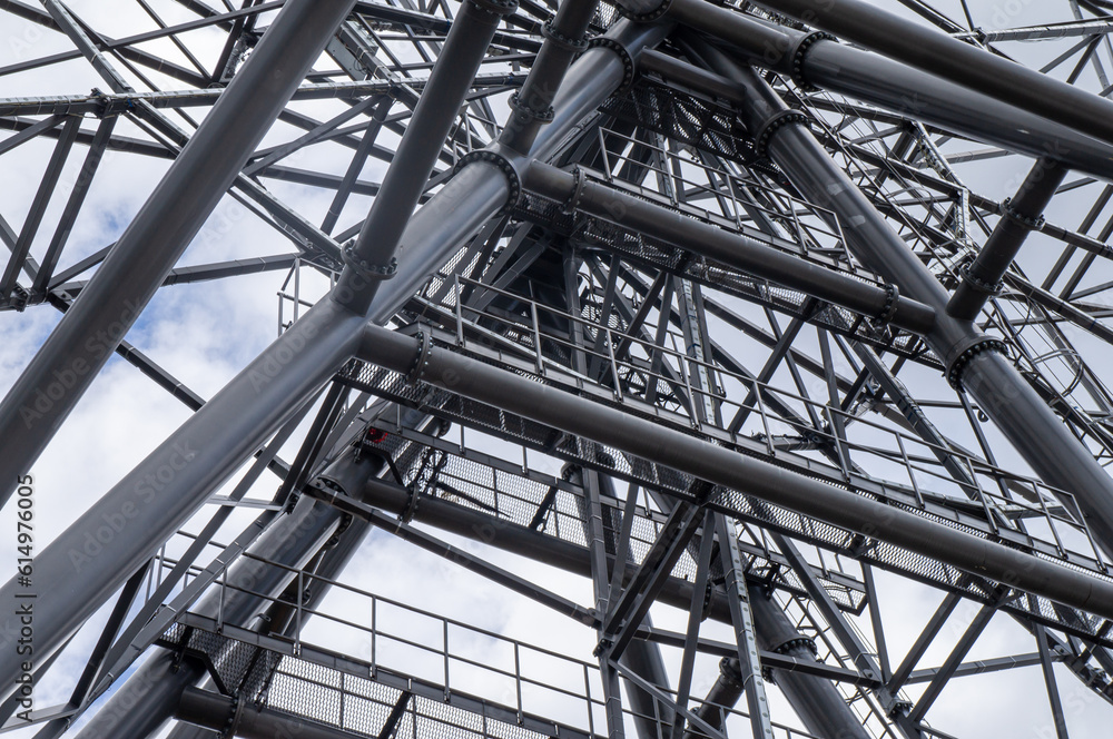 Part of a metal structure made of welded metal beams and pipes