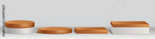 3d wooden podiums, platforms for display product. Empty circle and square stands of brown wood plank and white base isolated on transparent background, vector realistic illustration photo