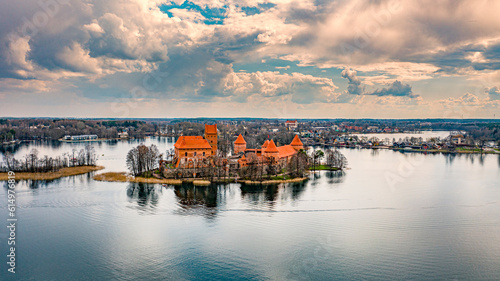 Trakai Castle musseum and galve lake picture taken from drone photo