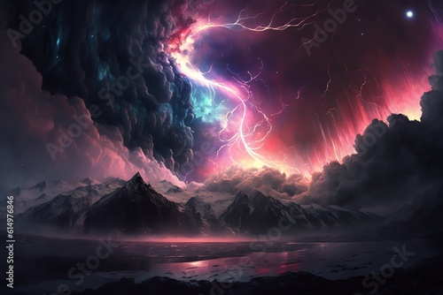 Colorful magnetic storm illustration. Neon aurora borealis. Bright neon polar lights landscape. Generative AI