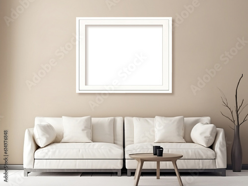 Blank horizontal decorative art transparent frame mock-up in Scandinavian style living room interior, modern living room interior background, beige sofa.