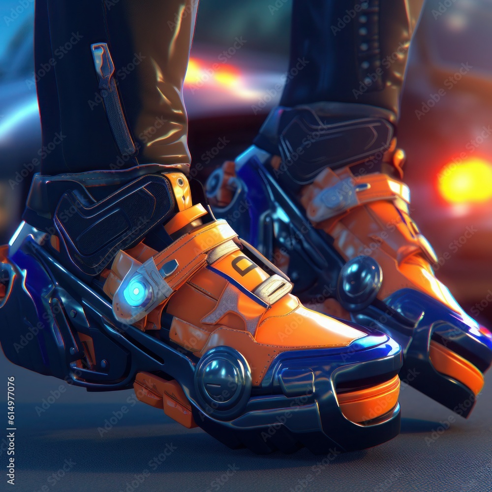 sci fi men's biker shoes design and concept jpg, in the style of Royal blue & peach, unreal engine 5, mecha anime, 32k uhd. generative ai