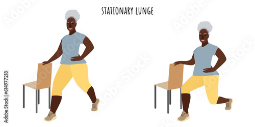 Senior active woman doing stationary lunge workout