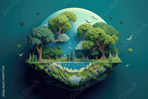 Paper art and digital craft style   World Green ecology City and Environmental friendly   Landscape with eco urban city   Earth day and world   Created with Generative Ai Technology