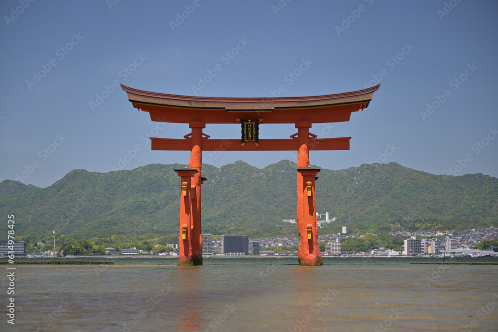 Itsukushima Shrine in Miyajima, Hiroshima Pref. The tablet on the torii reads 'Itsukushima Shrine'. Itsukushima Shrine in Miyajima, Hiroshima Pref. The tablet on the torii reads 'Itsukushima Shrine'.