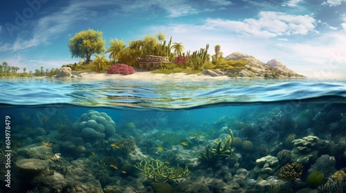 Tropical Island And Coral Reef Split View