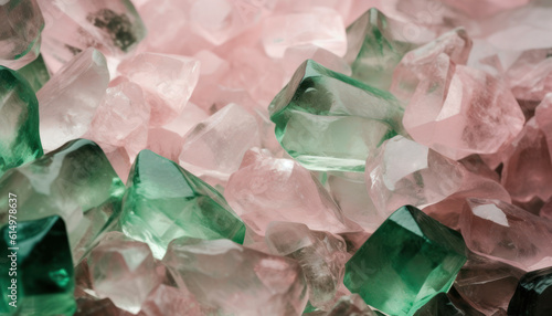 Closeup view of clear pink and green glass crystalls for a backdrop or wallpaper photo