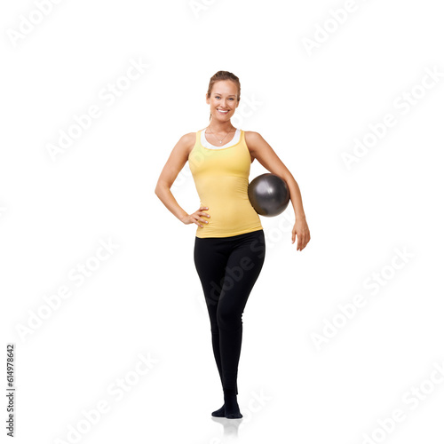 Fitness, portrait and a woman with a medicine ball and happy isolated against a transparent png background. Workout or healthy body, training with sportswear and female athlete with gym equipment