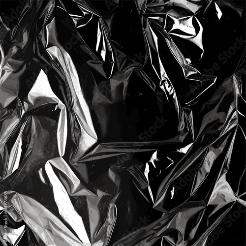 Plastic film wrap overlay texture. Black plastic bag, crumpled polyethylene