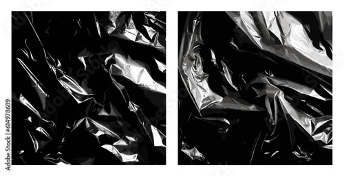 Plastic film wrap overlay texture. Black plastic bag, crumpled polyethylene