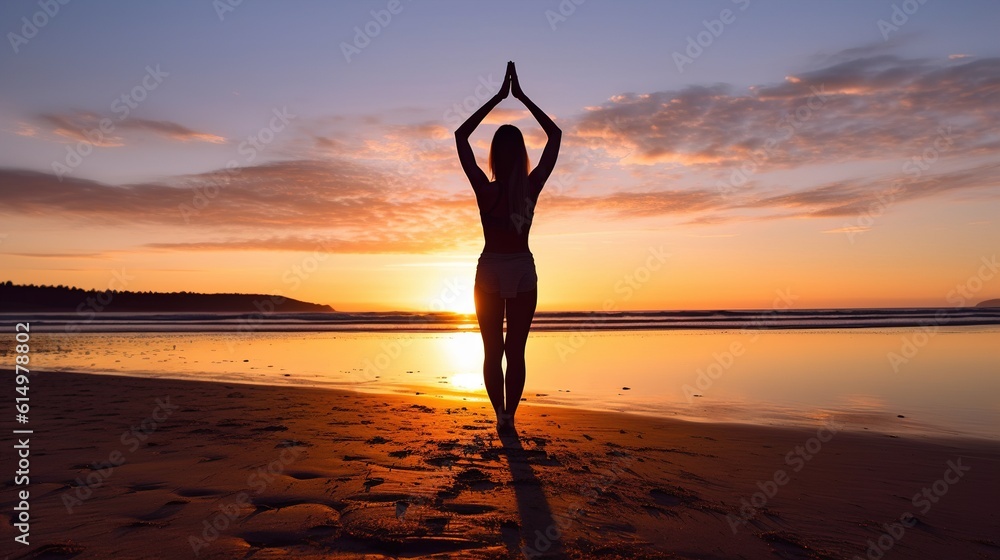 Young Woman Practicing Yoga on a beach. Generative ai.