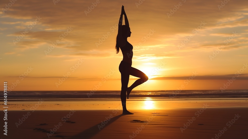 Young Woman Practicing Yoga on a beach. Generative ai.