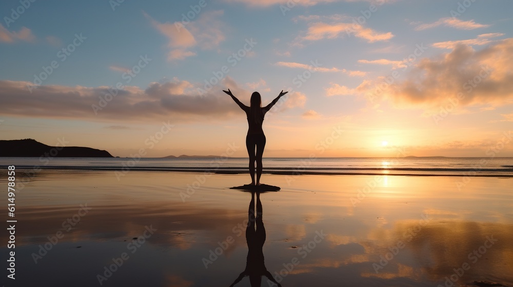 Young Woman Practicing Yoga on a beach. Generative ai.