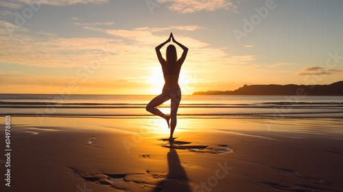 Young Woman Practicing Yoga on a beach. Generative ai. © Svfotoroom