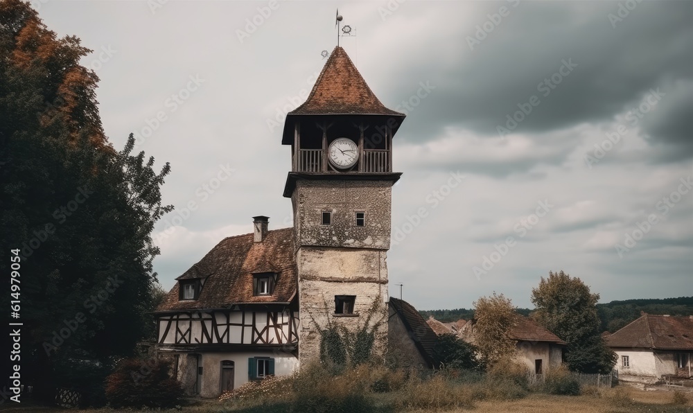 The old clock tower cast its shadow over the tranquil small village Creating using generative AI tools