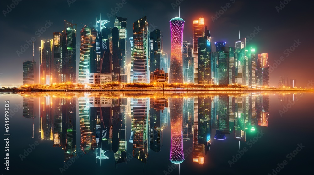 Fototapeta premium Vibrant Cityscape at night with illuminated skyscraper. Generative ai.