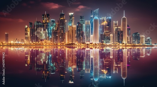 Vibrant Cityscape at night with illuminated skyscraper. Generative ai.