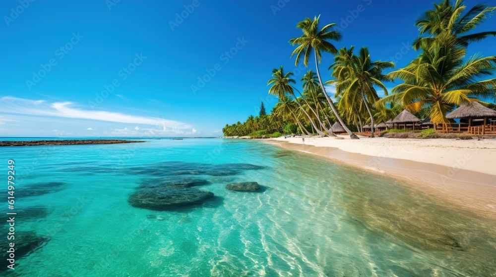 Tropical paradise Beach With Crystal-clear turquoise. Paradise Found Stunning Seascape of a Tranquil Beach with Crystal-clear Water and Palm Trees. Generative ai.