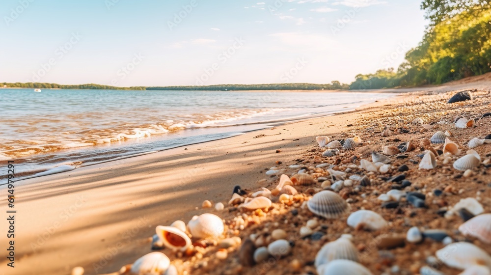 Seashells Sitting on the Beach at Ocean Sunset as a Gentle Wave Rolls to Shore. Generative ai. Seashells Sitting on the Beach at Ocean Sunset as a Gentle Wave Rolls to Shore. Generative ai.