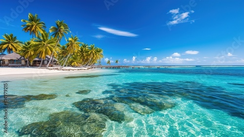 Tropical paradise Beach With Crystal-clear turquoise. Paradise Found Stunning Seascape of a Tranquil Beach with Crystal-clear Water and Palm Trees. Generative ai.