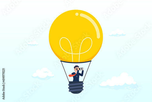 Businessman riding light bulb balloon using spyglass or telescope searching for vision, search for new business opportunity, idea or inspiration, business visionary, challenge or achievement (Vector)