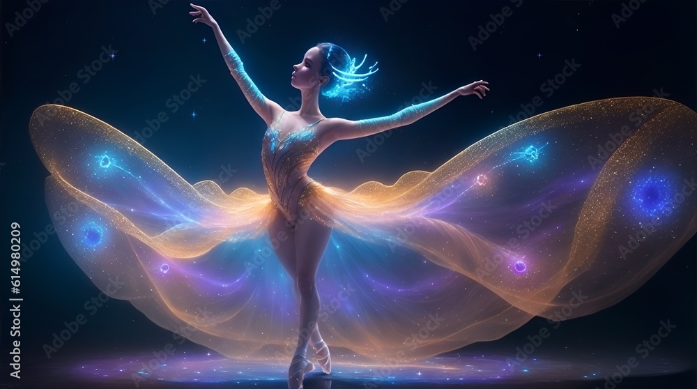 beautiful ballet dancer in a bioluminescent translucent fabric dress with sparkles