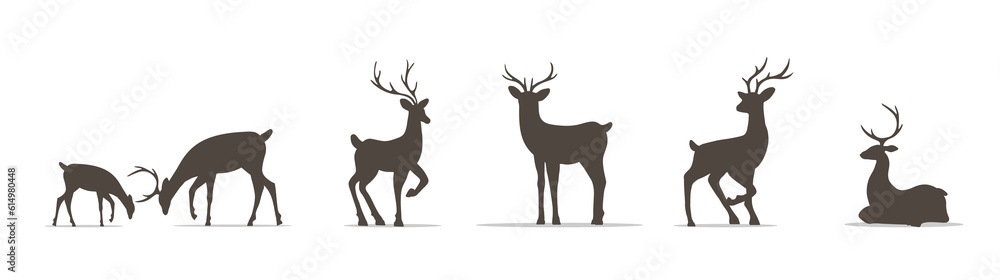 Set of deer silhouettes. Wild animals with antlers on white background. Vector flat illustration. Set of deer silhouettes. Wild animals with antlers on white background. Vector flat illustration.