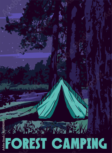 Forest Camping poster retro, night camping outdoor travel. Tourism hiking summer forest, vector illustration