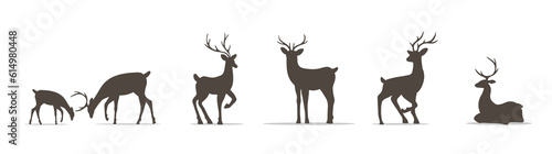 Set of deer silhouettes. Wild animals with antlers on white background. Vector flat illustration.