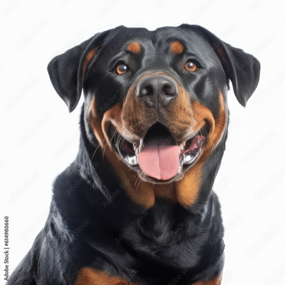 Rottweiller dog portrait isolated on white background, ai generative.