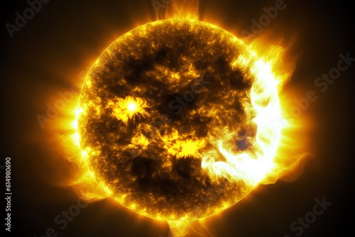 Solar flares. Sun with magnetic storms. Plasma flash on the surface of a our star. Generative AI