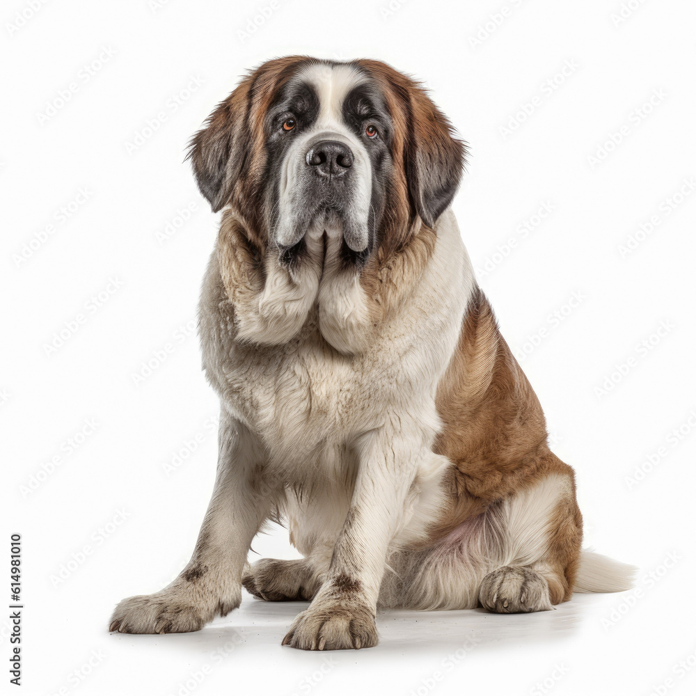 Saint Bernard dog sitting isolated on white background, ai generative.