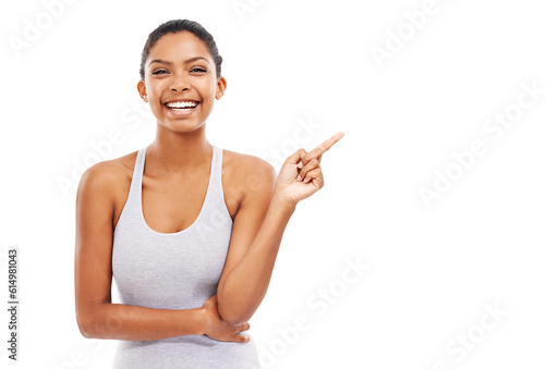 Isolated woman, fitness portrait and pointing with smile for promotion, gesture or vote by transparent png background. Girl, model or personal trainer with finger point, announcement or deal at gym