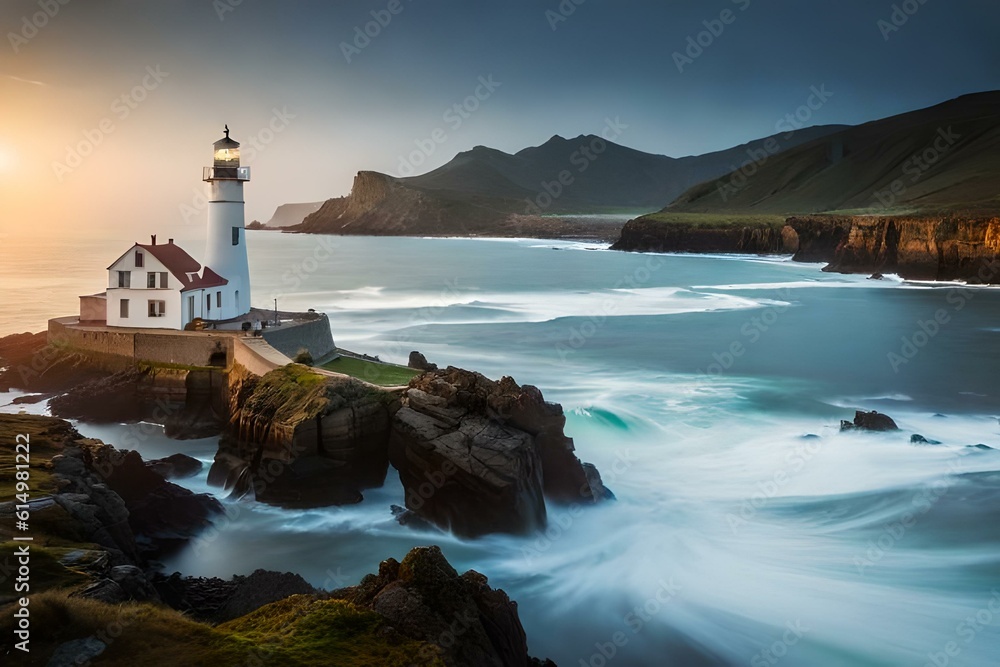 A historic lighthouse standing tall on a rugged coastline, overlooking crashing waves and rocky cliffs.