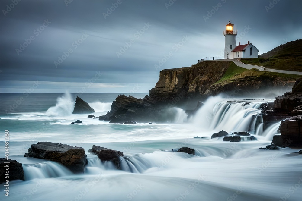 A historic lighthouse standing tall on a rugged coastline, overlooking crashing waves and rocky cliffs.