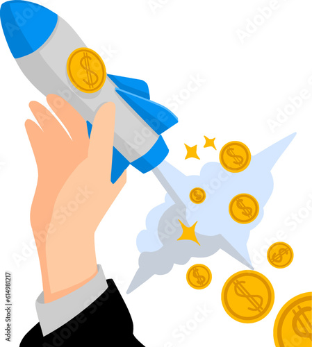 Illustration vector graphic of a hand holding rocket money. Fit for business promotion, investment opportunities, investment services, financial educations, workshop or seminar, motivational content