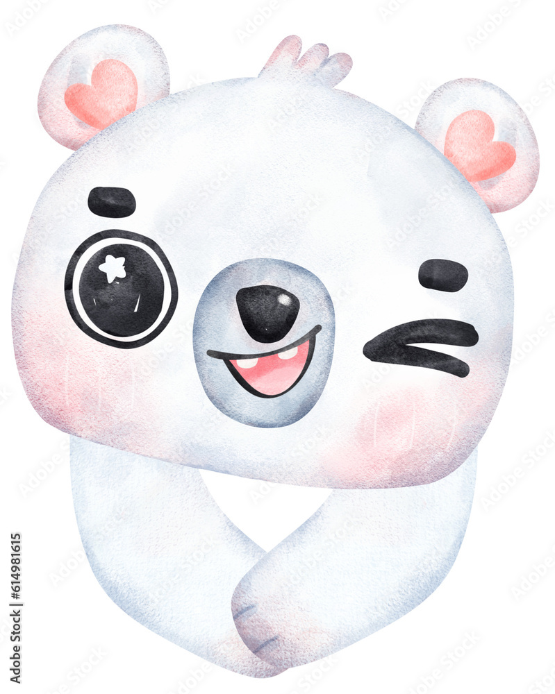 Whimsical Polar Bear exciting face cartoon Playful winter animal Watercolor Children Illustration Whimsical Polar Bear exciting face cartoon Playful winter animal Watercolor Children Illustration