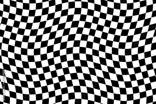 Black and white checkered flag texture background vector. Wavy tartan plaid fabric pattern. Abstract geometric shapes. Wave stripes ethnic pattern.