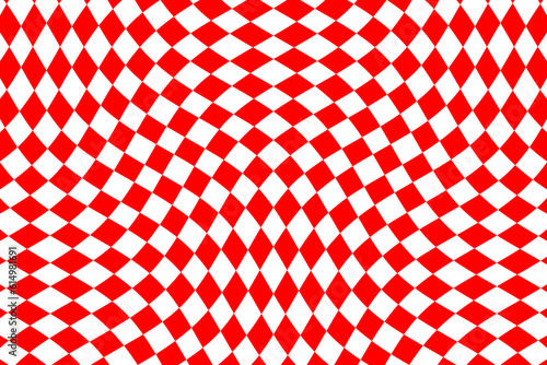 Red and white checkered flag texture background vector. Wavy tartan plaid fabric pattern. Abstract geometric shapes. Wave stripes ethnic pattern.