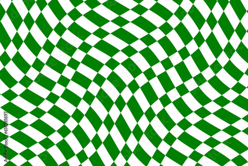 Green and white checkered flag texture background vector. Wavy tartan plaid fabric pattern. Abstract geometric shapes. Wave stripes ethnic pattern.