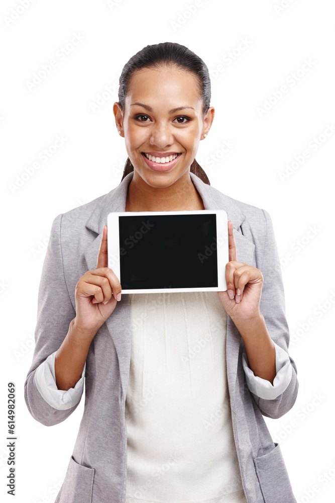 Business, tablet or portrait of happy woman with screen space isolated on transparent png background. Smile, mockup or girl with digital technology for logo advertising, marketing or branding online Business, tablet or portrait of happy woman with screen space isolated on transparent png background. Smile, mockup or girl with digital technology for logo advertising, marketing or branding online