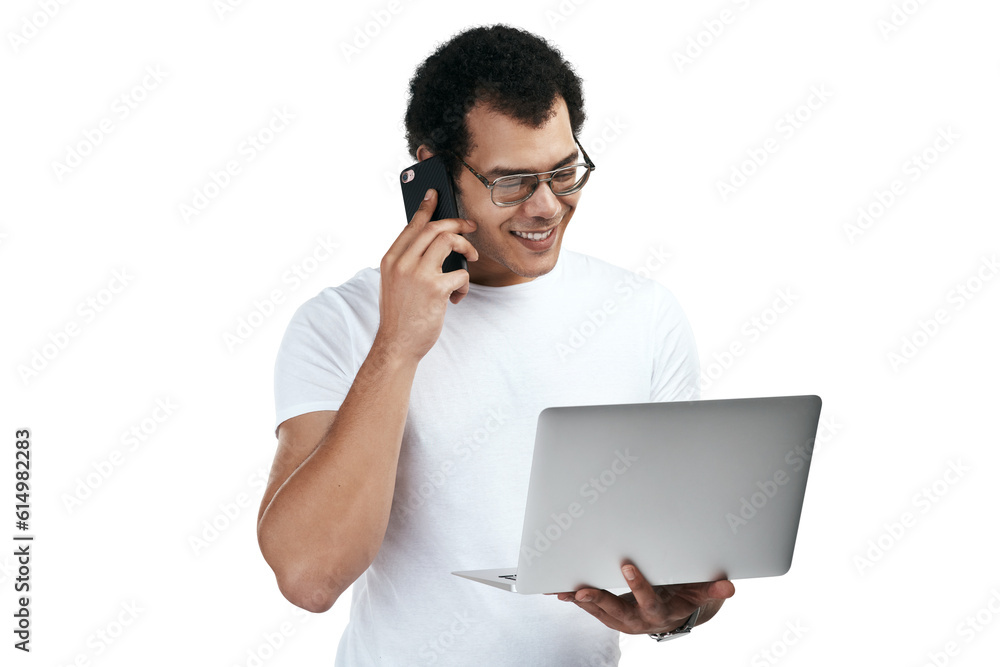 Phone call, laptop and happy man talking isolated on a transparent png background. Computer, communication and person with smartphone for discussion, speaking or conversation with contact on internet Phone call, laptop and happy man talking isolated on a transparent png background. Computer, communication and person with smartphone for discussion, speaking or conversation with contact on internet